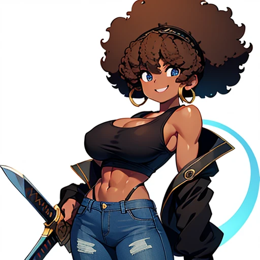 Afro girl,toned,brown skin,medium breasts, abdomen,Black jacket, afro hairstyle,, he has a giant sword,jeans,iron sword,blue eyes,bigbreasts smile,white background,tank top over breasts