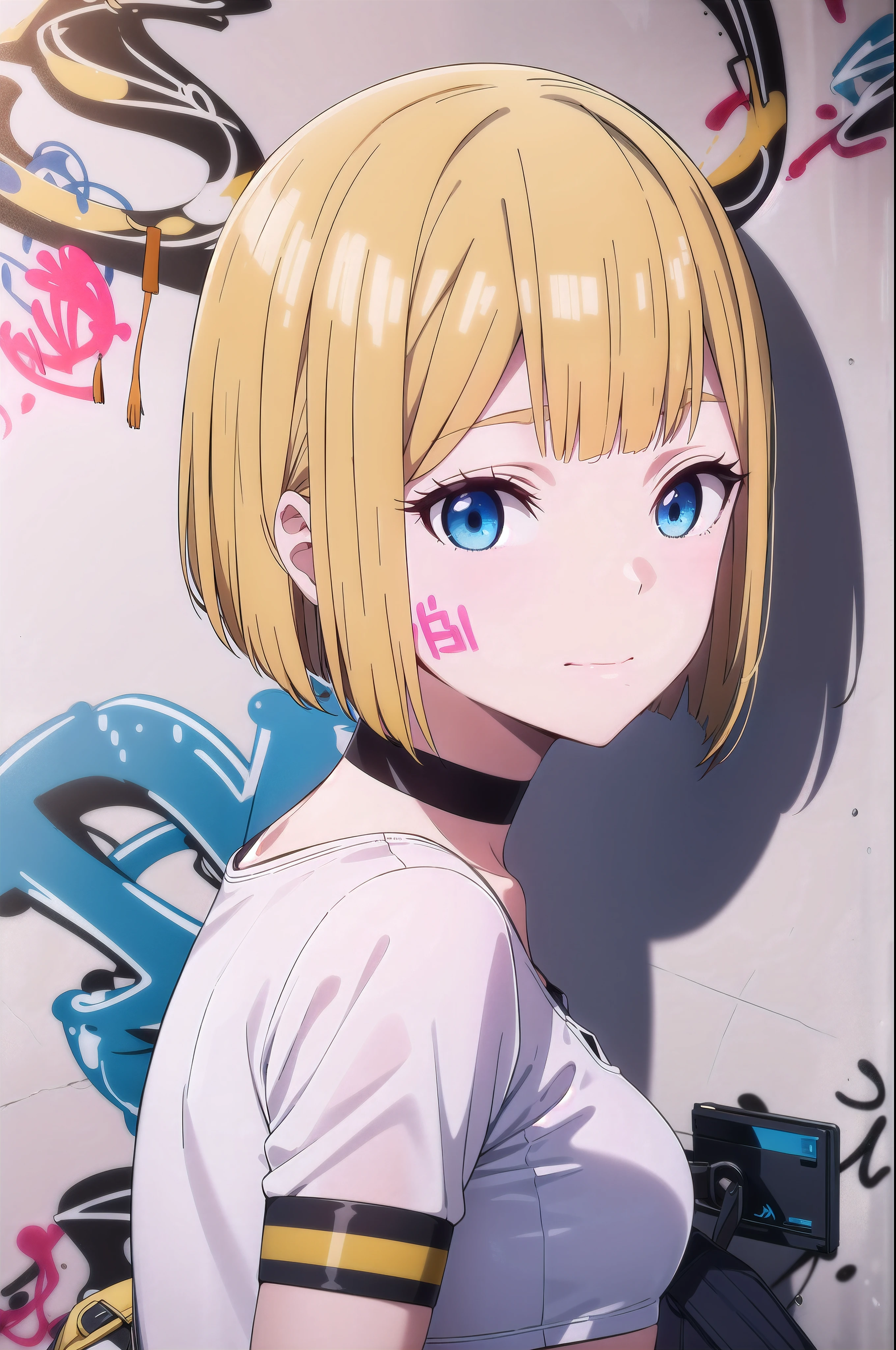 masterpiece, best quality, 1girl, solo, stylish crop top, smile, vibrant short blonde hair, bobhair, short-hair, short bob hair, (((bobcut))), bob haircut, very short bob cut, lip length hair, blunt ends, (sciled bob), buzzed nape ((haircut:1.3)), undercut, bobbed hair, minibob, sidecut, shaved, blue eyes, graduation bob, straight short hair, short hair above the ears, Shot diagonally from the side, elegant braid, soft bangs, upper body, alluring choker, (graffiti:1.5), artistic paint splatter, seductive arms behind back, leaning against wall, exposed back, fashionable armband, urban hiphop style, flirty skirt, playful head tilt, intense expression, warm orange, dynamic asymmetrical design, bold geometric shapes, creative street art