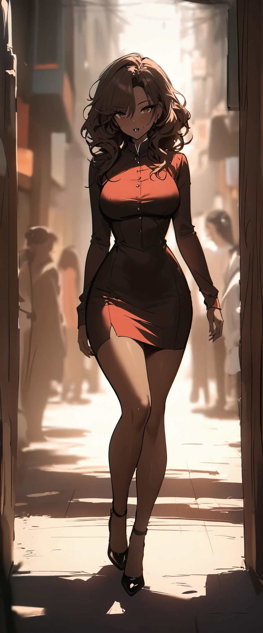 (best quality, masterpiece:1.2), sketch full view of a hot looking dark brown skin 29 year old woman standing in front of us. She has brown eyes and long white curly hair. She has vampire fangs. She has a beautiful curvy figure. She wore a solid color slim fit buttoned long sleeve shirt dress. shadow背景. sketch. shadow. light.