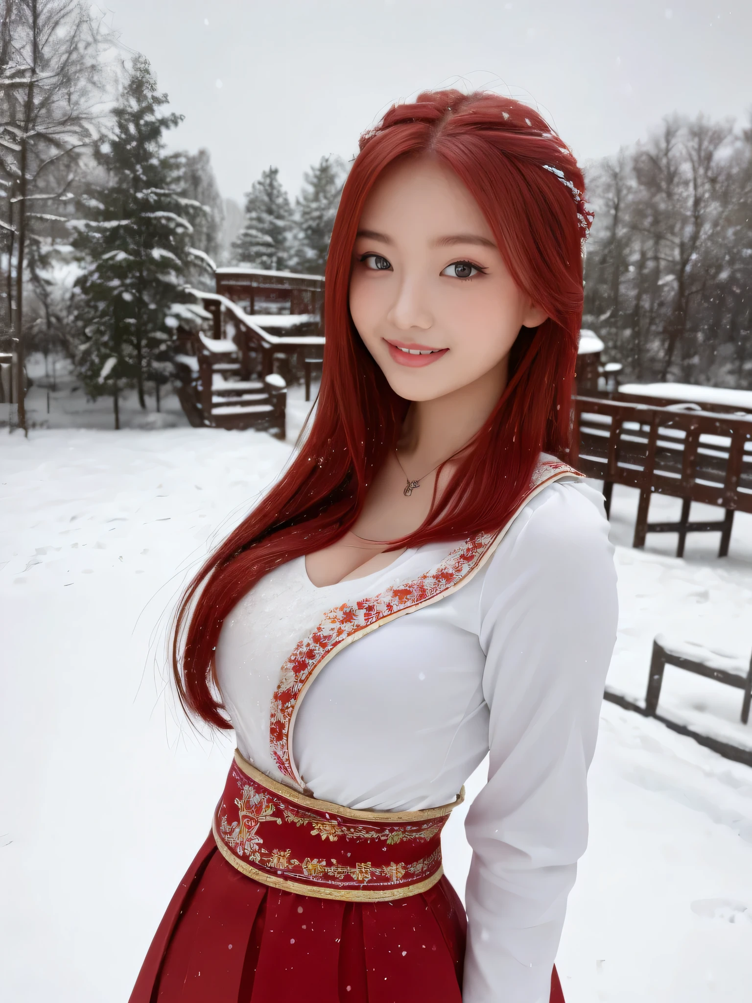 (masterpiece:1.2,highest quality),Photographed with an ultra-wide-angle lens,blur the background, Snowing background,1 High school girl,emphasizes the chest,(medium breasts),Cute ,red hair,detailed and beautiful eyes,blushing face,healthy skin,looking at the viewer,smile,(resort scenery),8K resolution, traditional Yakutian dress