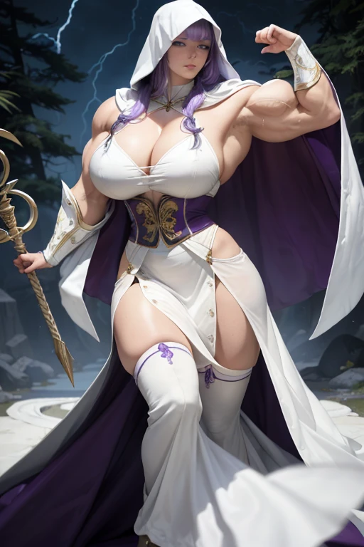 ((((Massive, tall, beautiful, buff, muscular pale white skinned woman mage with violet purple hair, ginormous bulky muscles, holding a thunder mage staff and wearing a beautiful hooded white enchanted robe with long long skirt)))), (close-up view), vascular, massive muscle, massive biceps, hyper muscle shoulders, hyper muscle triceps, (long hair with long bang), black eyes, (wearing a long extremely intricate robes, long magical robes), (white mage boots), smirk, white gauntlets, (in a thunderous crow forest), evening, Vascular arms, hyper vascular arm, hyper muscles arms, hyper muscle legs, massive arms.