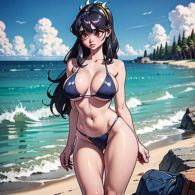 Filia medici, , clothed, skimpy clothing, sexy , ultra high res, ultra high quality, perfect anatomy, detailed, Yabby, ((huge breasts)), barely covered breasts, (((bikini))), beach,((vullva)) , (aureola), sfw, open bra, (((crotch focus))), ((below view)), close up