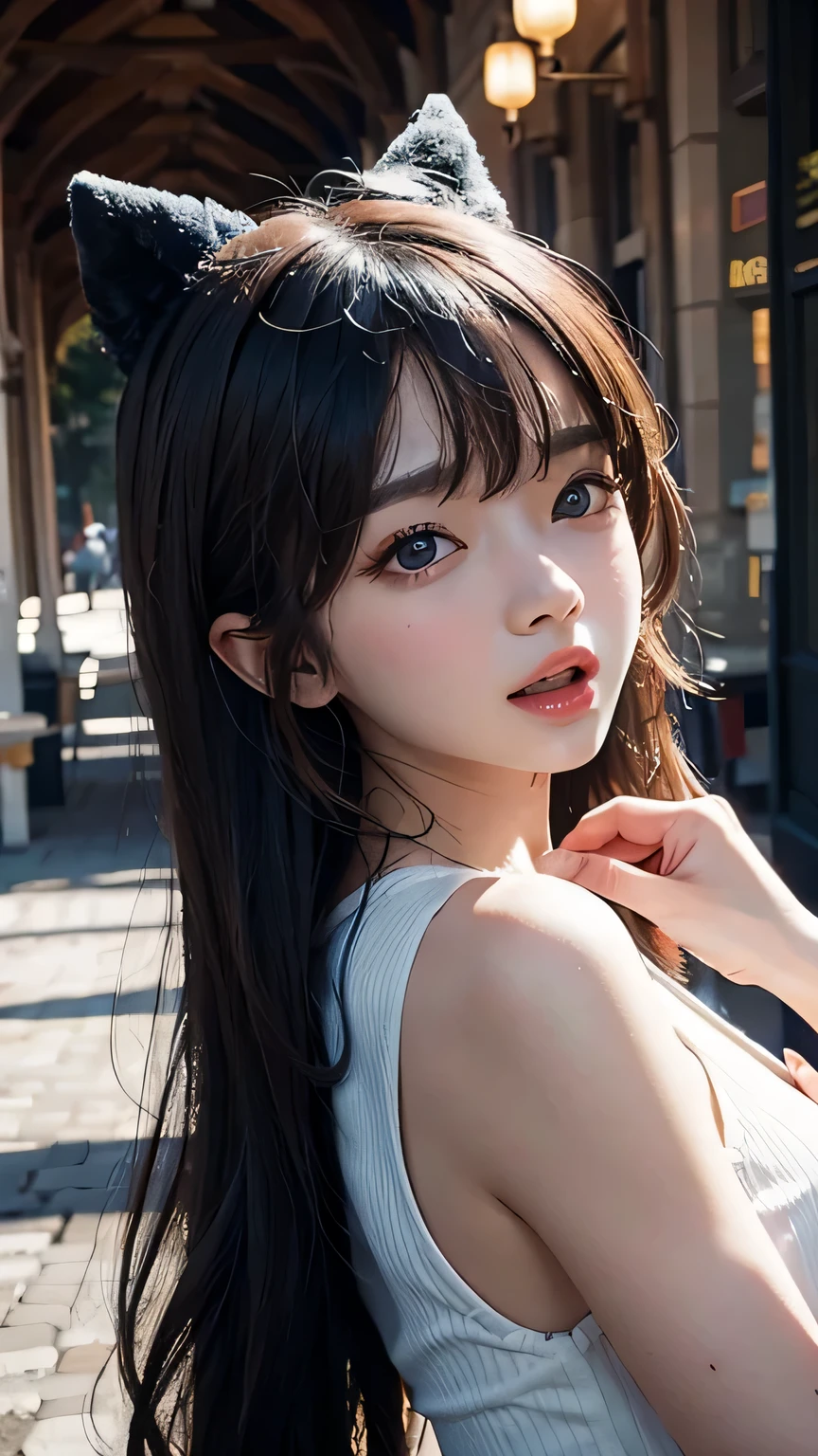 A girl with long hair and a backpack walking against the background of a beautiful night moon, ((Perfect Style)), Smooth body, Cute girl anime visuals, ((Erotic cute costumes:1.3)), ((Beautiful school girl)), ((Smooth and lustrous brown hair)), (Captivating blue eyes, Long, clumpy eyelashes:1.1), high nose, (Moisturizing lips:1.2), (Beautiful breasts:1.2), (Detailed hair quality:1.2), (Detailed eyes and face:1.3), (Detailed hands:1.3), (Perfect Anatomy:1.2), (highest quality, 8K, masterpiece:1.2), Slender body line, Small and slender figure, (View Viewer:1.2, blush:1.2), ultra high resolution, Ultra-detailed