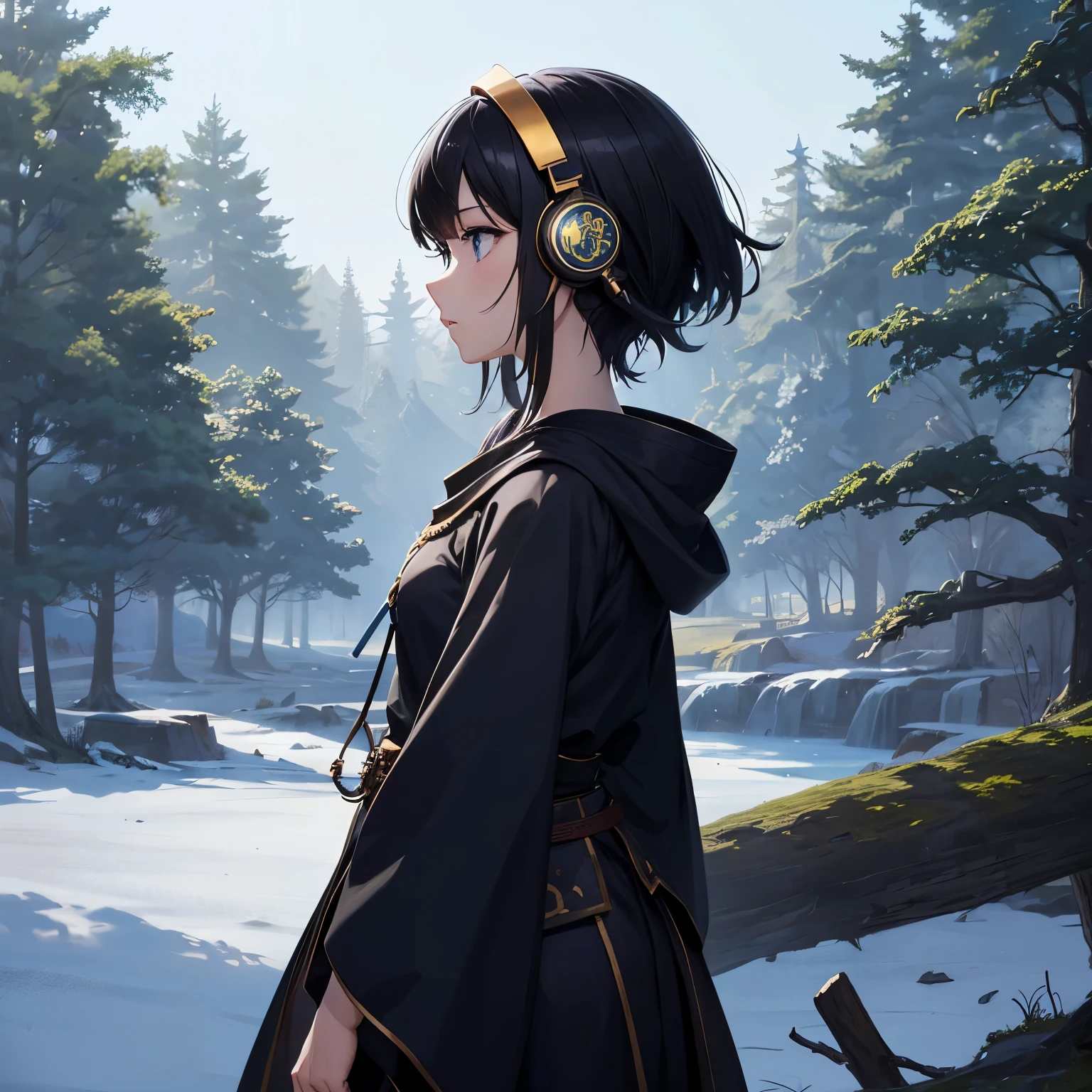 highest quality: 1.0), (ultra high resolution: 1.0), traveller、profile、anime girl, short black hair, blue eyes, Medieval Robe、Wearing headphones on your head、Listening to music、fantasy background、forest