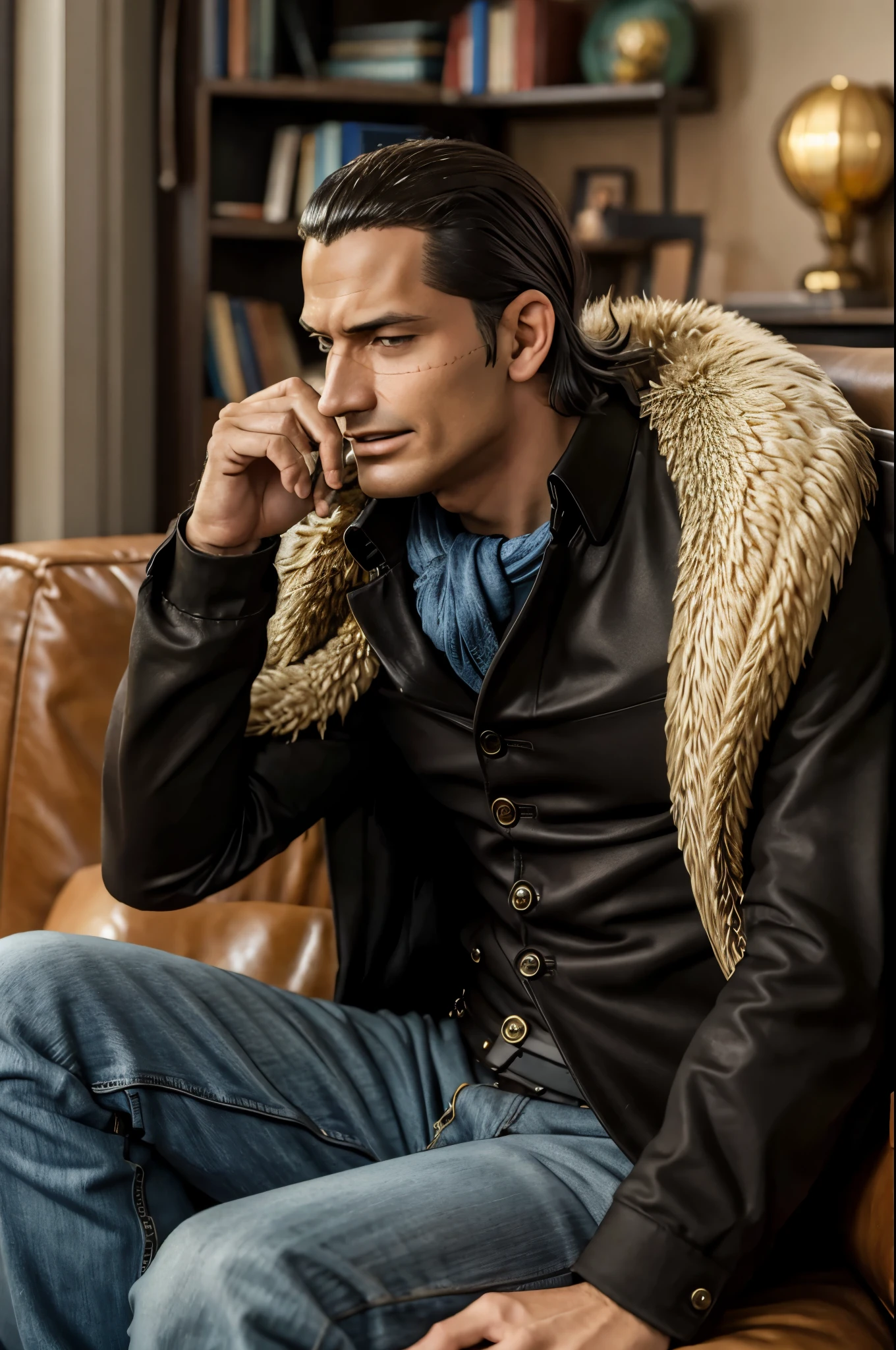 masterpiece, best quality, extremely detailed, hyperrealistic, photorealistic, a cool 40s man, ultra detailed face:1.2, fur-trimmed coat, scarf around the neck, his left hand is a golden pirate hook:1.1, living room, sitting on sofa, laughing
