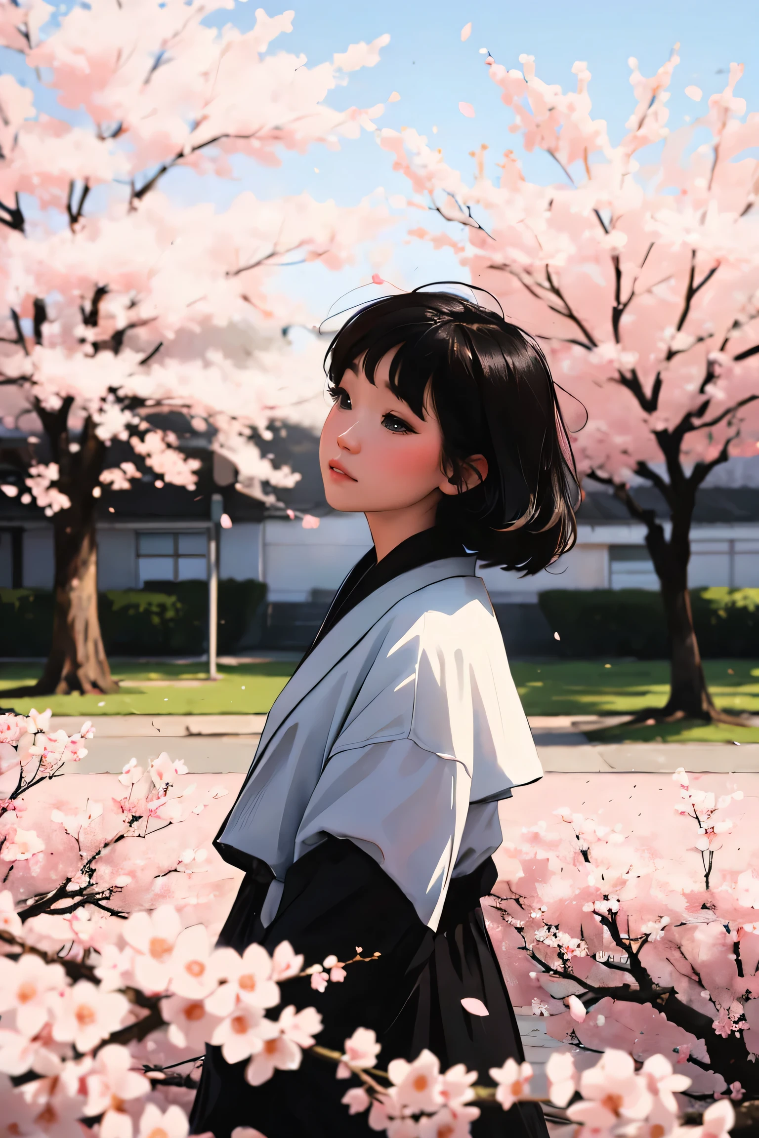 1 woman,black hair, floating hair, Coast, sight, sight, Cherry Blossom, falling petals, light of sunlight, god ray, Upper body vivid colors, soft focus, light leak, dreamlike atmosphere, experimental charm, Nostalgic charm BREAK color field painting, various colors, abstract expressionism, Bold colors, emotional impact, atmospheric depth, MINIMALIST APPROACH BREAK, pretty girl, UHD (ultra detail) Looking at viewers wearing hip-hop style streetwear, different, colorful, long, heavily dyed hair 🌈, dark clothes, White stardust in dark areas, absurd, high resolution, very detailed, (1 woman : 1.3), vivid colors, soft focus, light leak, dreamlike atmosphere,