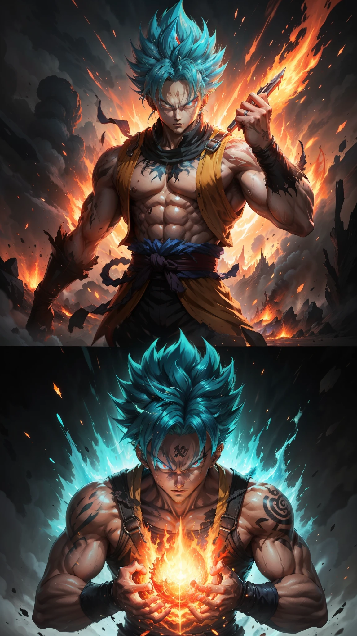 Get ready for a visual feast with the Gohan, glowing blue hair and tattoo, a being with a handsome face and piercing red eyes. In his transformed state, he radiates extreme instinct and power, making for an epic anime about this energy man. Watch as he controls fire and lava in stunning anime artwork that will leave you in awe. This concept art is straight out of the Bleach Universe, with a manga-style 8k wallpaper that will transport you to another dimension. Prepare to be amazed by this detailed digital anime art, showcasing the ultimate fusion of style and power.