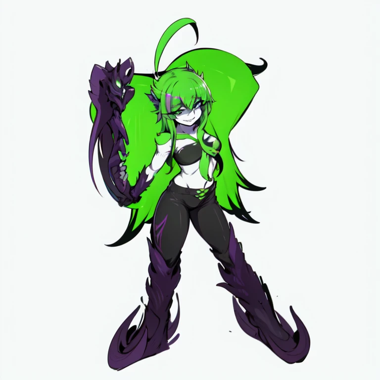 a cartoon drawing of a woman with green hair and black pants, eldritch goddess, villain pose, colorful muscular eldritch, monstergirl, eldritch color scheme, holy cyborg necromancer girl, green colored skin!!, long haired humanoid fursona, dark fae, anime monster girl, evil aura, eldritch being, purple stones, wearing a hoodie