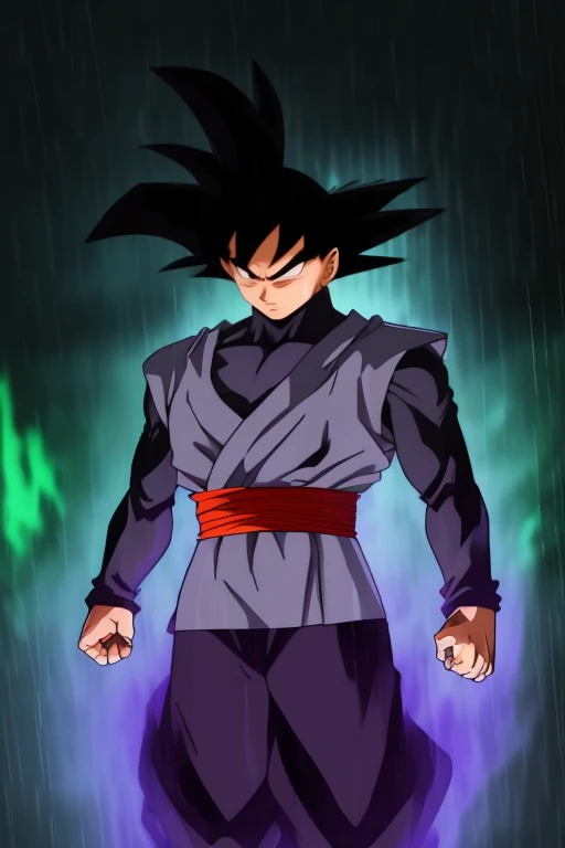 a portrait of goku black walking through the rain holding an umbrella, masterpiece, vibrant colors, high quality, 8k