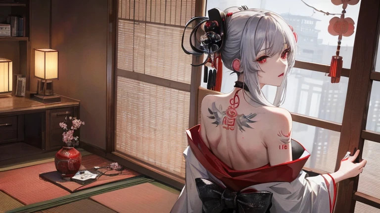highest quality, masterpiece, ultra high resolution (reliability: 1.1). A silver-haired girl with beautiful red eyes and a bare back. 背中一面に龍のtattooed back. tattooed. She appears to be listening to the song through headphones... japanese kimono. intense expression. geisha. , modern architecture, beautiful background,Images for YouTube