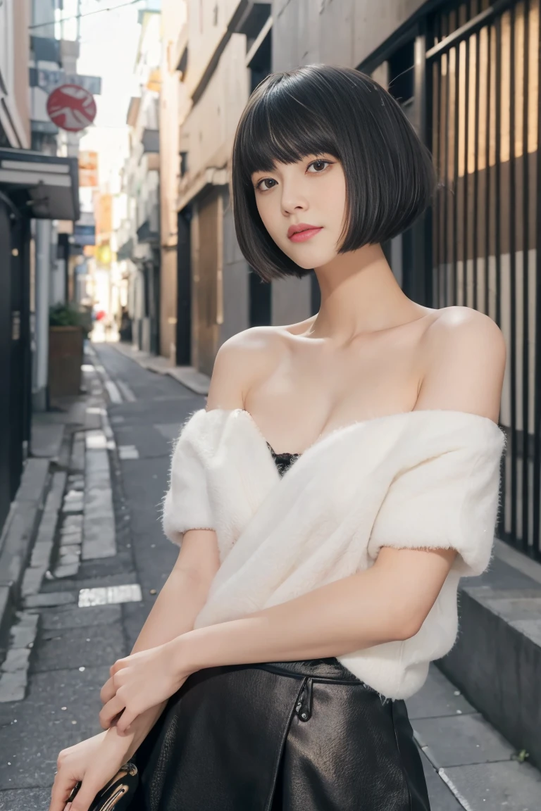 (((masterpiece, highest quality, Super detailed))), 1 female, (((very thin body))) , (((length, thin legs))), (((black bowl cut hair, thick and fluffy bangs ))), (((highly detailed face))), cosmetics free, small and thin nose, small thin mouth, (((Very sharp focused eyes))),  Japanese,  beautiful face, (lifelike face),  beautiful hairstyle, realistic eyes, fine and beautiful eyes, (real looking skin), beautiful skin, charm, ultra high resolution, surreal, high detail, golden ratio, (detail makeup:1.2),"While walking through the city at night、What suddenly caught my eye was、A small alley illuminated by beautiful neon lights。When you step into that alley、I see a large shadow projected on the wall。in that shadow、あなたが身に着けているランジェリーがcharm的に映し出されています。The surrounding lights block out the hustle and bustle of the city.、The moment that became the only focus。what expression do you have、In what pose do you stand still?？What stories and emotions will emerge from this moment?？"