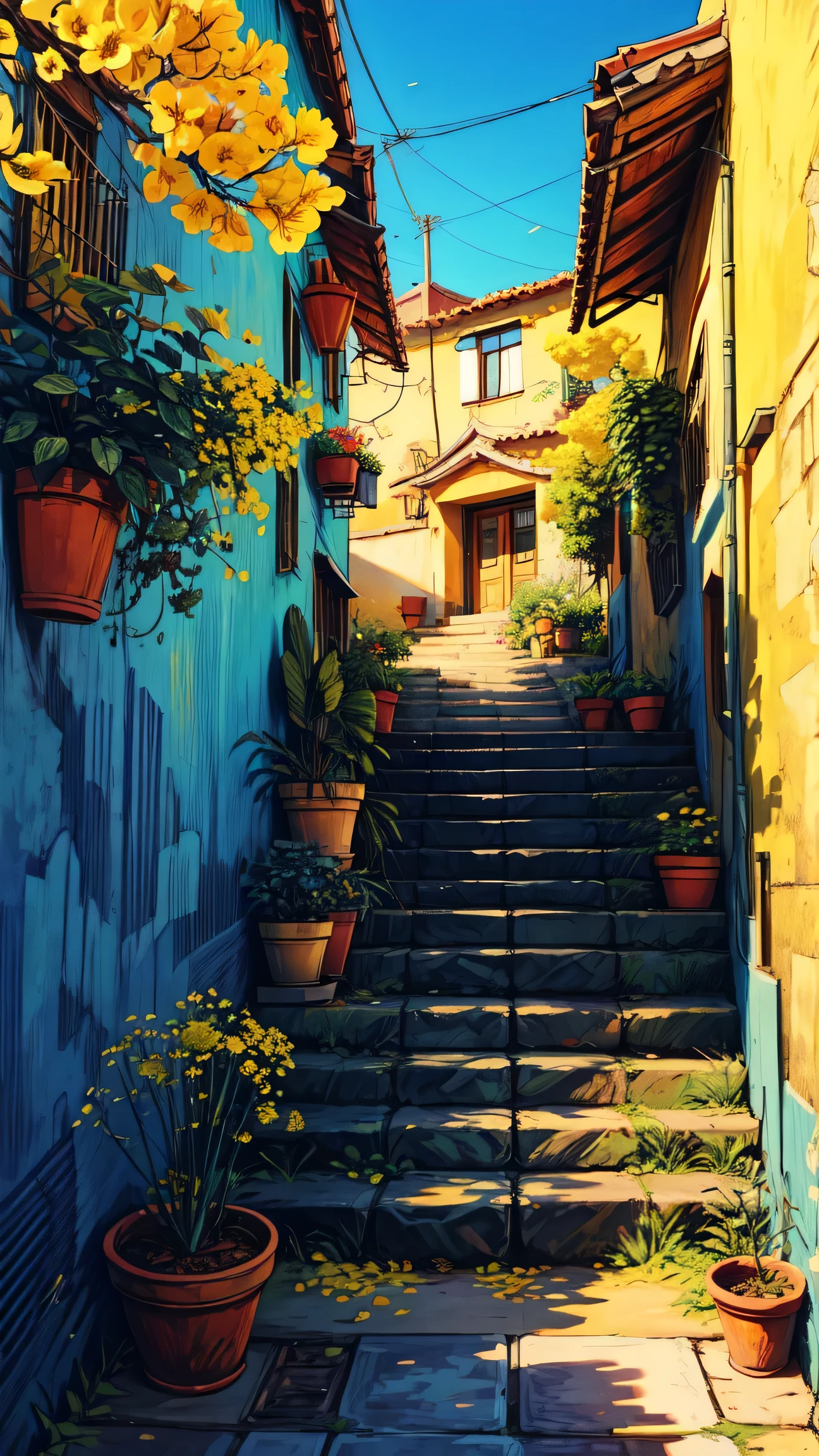 front view, a blue moroccan wall, covered with yellow Bougainville flowers, trees with yellow leaves, stairs, plant pots with yellow flowers, beautiful bluish sky, micro landscape, day time, shade, intrinsic details