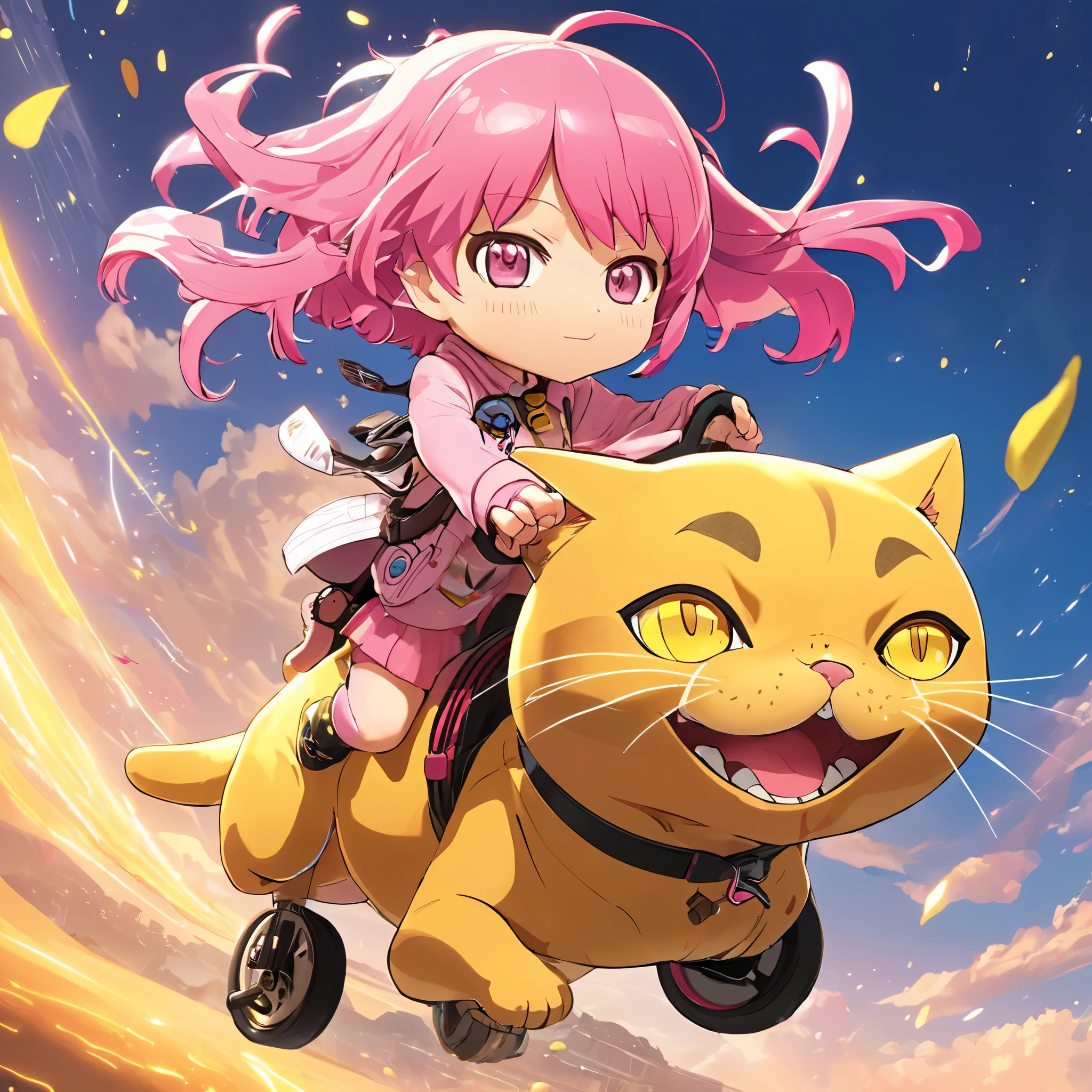 PINK-HAIRED CHIBI GIRL RIDING A GIANT CHIBI YELLOW CAT, anime style, key visual, vibrant, studio anime, highly detailed