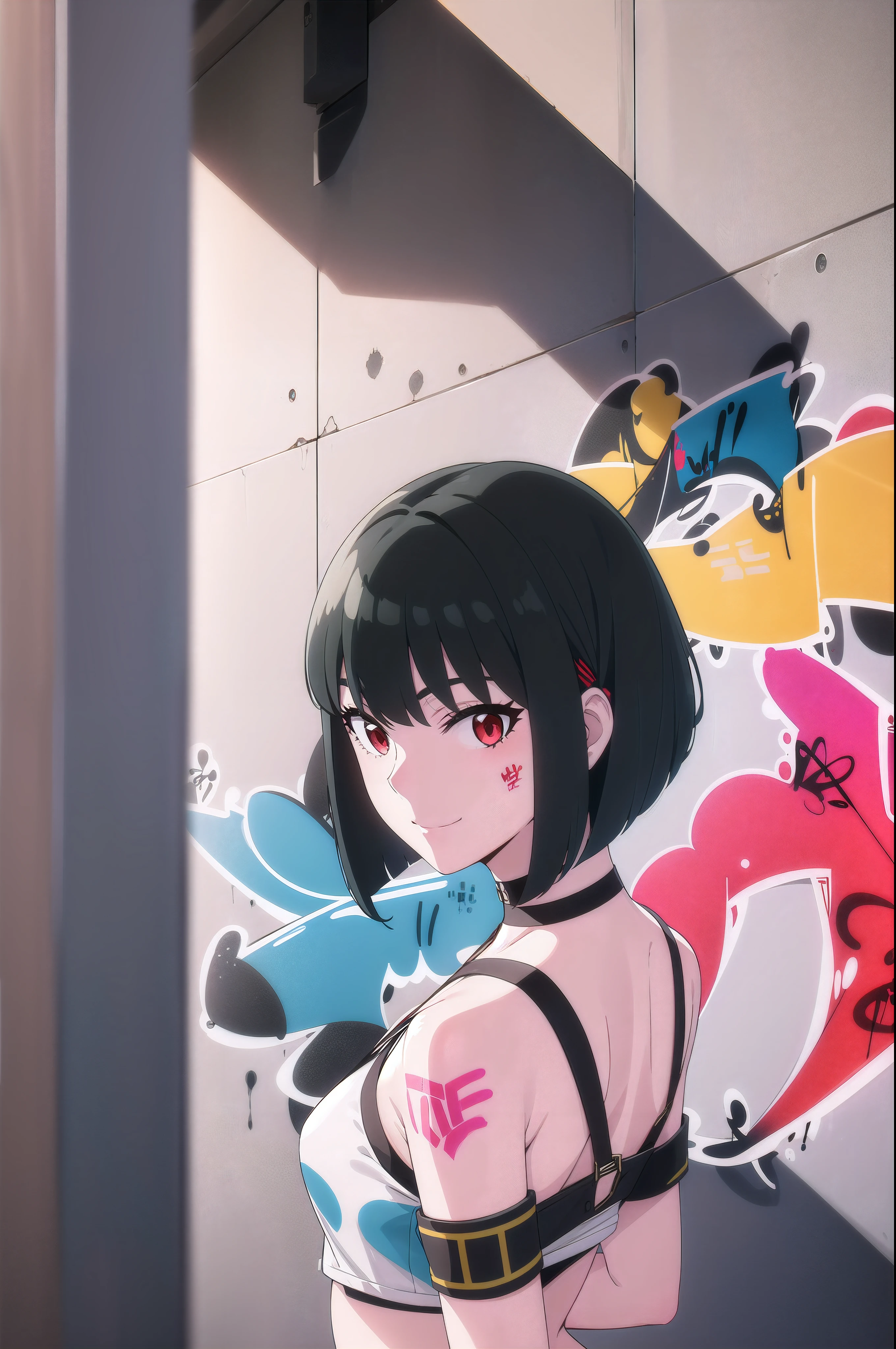 masterpiece, best quality, 1girl, solo, stylish crop top, smile, vibrant short black hair, bobhair, short-hair, short bob hair, (((bobcut))), bob haircut, very short bob cut, lip length hair, blunt ends, (sciled bob), buzzed nape ((haircut:1.3)), undercut, bobbed hair, minibob, sidecut, shaved, red eyes, graduation bob, straight short hair, short hair above the ears, Shot diagonally from the side, elegant braid, soft bangs, upper body, alluring choker, (graffiti:1.5), artistic paint splatter, seductive arms behind back, leaning against wall, exposed back, fashionable armband, urban hiphop style, flirty skirt, playful head tilt, intense expression, warm orange, dynamic asymmetrical design, bold geometric shapes, creative street art