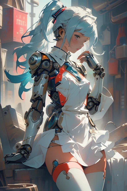cyberpunk,Hatsune Miku,(see through:1.5),maid (1 girl),Colored inner hair,long twintails,(toy doll),((toy doll joints:1.5,Manipulator:1.5)),((silver armor dress)),White translucent metallic leather,(Mechanical joint: 1.4),mechanical limbs,very shiny skin,shining body,white plastic glitter skin,wet legs,only_Shoulder,Delicate metal decoration,sleeveless,mini skirt,boots,angle to floor:1.2,low camera angle,((bright colors)),(complicated background),(Delicate images),(Photorealistic: 1.4),(Highly detailed),(high resolution),(Best quality),(masterpiece)