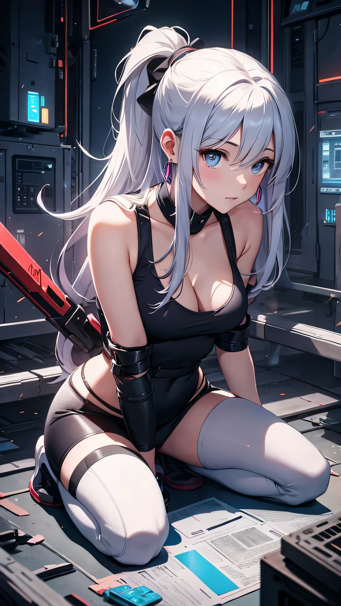 最high quality、best image quality、masterpiece、girl((18-year-old、 By becoming、vest bust、medium bust,wide open breast tea、shining eyes, silver hair、ponytail、long hair、thin,highest valley、white tank top、blue pants、Wristband、have a knife、ruby earrings、squat、Leaning forward)),high quality、beautiful art、background((Dark Research Facility、broken wall、warning mark、electricity))、Flight、debris flies、Depth of written boundary、movie、visual art、perfect art、8K,genuine、