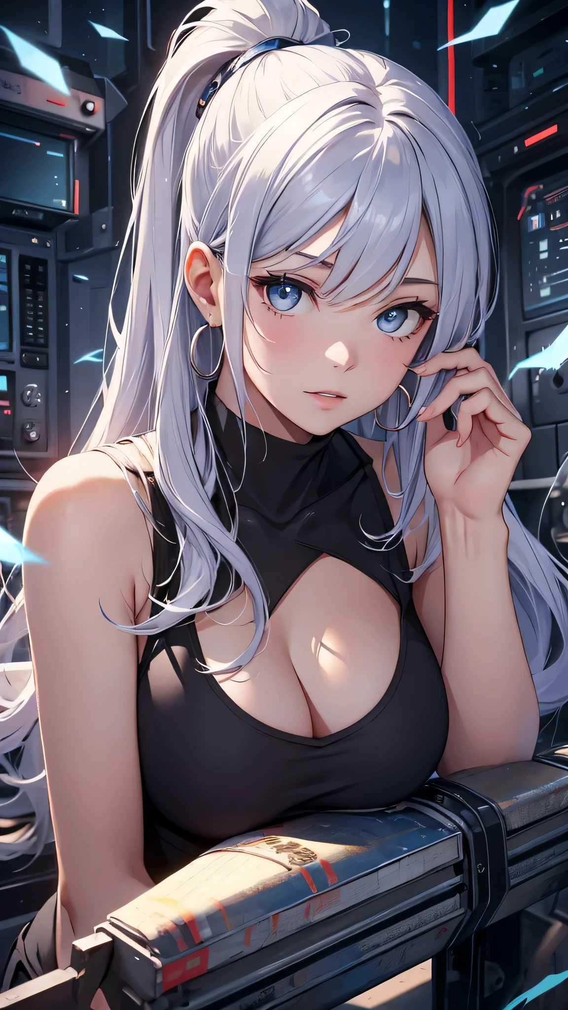 最high quality、best image quality、masterpiece、girl((18-year-old、 By becoming、vest bust、medium bust,wide open breast tea、shining eyes, silver hair、ponytail、long hair、thin,highest valley、white tank top、blue pants、Wristband、have a knife、ruby earrings、squat、Leaning forward)),high quality、beautiful art、background((Dark Research Facility、broken wall、warning mark、electricity))、Flight、debris flies、Depth of written boundary、movie、visual art、perfect art、8K,genuine、