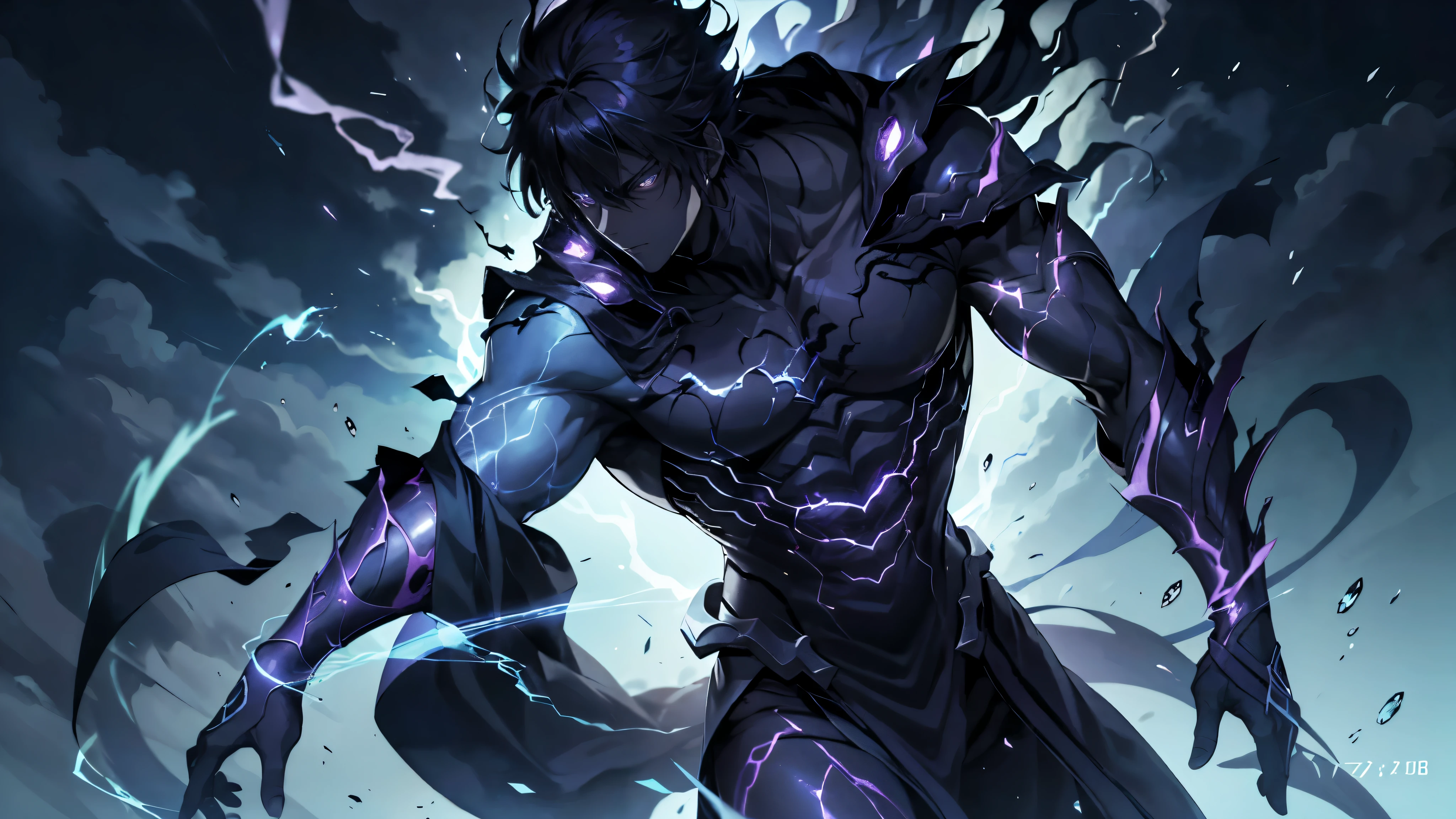 epic anime style, purple lightning, evil temperament, 20-year-old male shadow assassin, glowing black aura, shadow supervisor, handsome face, brilliant and majestic. Beautiful standard body and complete body structure. full body shot of a man with lightning in his hand, an epic anime about a purple energy man, in a battle stance with dark hair and glowing eyes looking at the viewer. Cool Gapmoe Yandere, menacing look, gintama's Hijikata Toushirou, inspired by Masanobu Okumura, the originator of the anime art style, Nobutaka Ike, the night war rages behind him. Highest image quality 8K, details everything 8K.