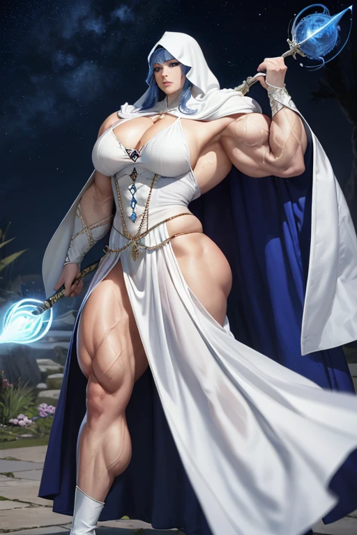((((Massive, tall, beautiful, buff, muscular pale white skinned woman mage with royal blue hair, ginormous bulky muscles, holding a sky mage staff and wearing a beautiful hooded white enchanted robe with long long skirt)))), (close-up view), vascular, massive muscle, massive biceps, hyper muscle shoulders, hyper muscle triceps, (long wavy curly hair), white eyes, (wearing a long extremely intricate robes, long magical robes), (white mage boots), smirk, white gauntlets, (in a windy sky forest), evening, Vascular arms, hyper vascular arm, hyper muscles arms, hyper muscle legs, massive arms.