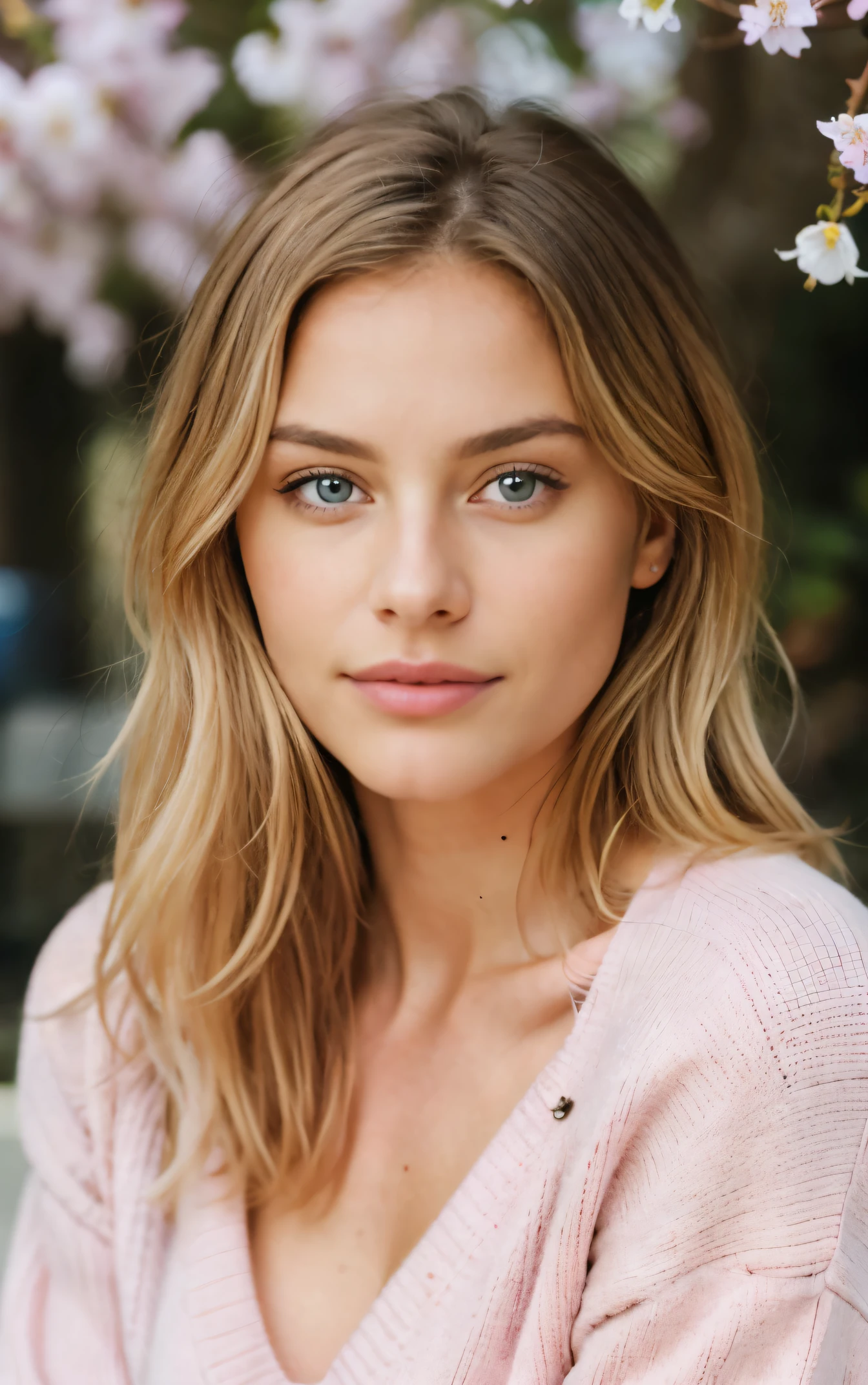 beautiful blonde wearing pink sweater (sitting outside in the spring at a cafe), extreme detailed, 21 years old, innocent face, natural wavy hair, blue eyes, high resolution, masterpiece, best quality, intricate details, highly detailed, sharp focus, detailed skin, realistic skin texture, texture, detailed eyes, professional, 4k, charming smile, shot on Canon, 85mm, shallow depth of field, kodak vision color, perfect fit body, extremely detailed, foto_\(ultra\), photorealistic, realistic, post-processing, maximum detail, roughness, real life, ultra realistic, photorealism, photography, 8k uhd, photography, 