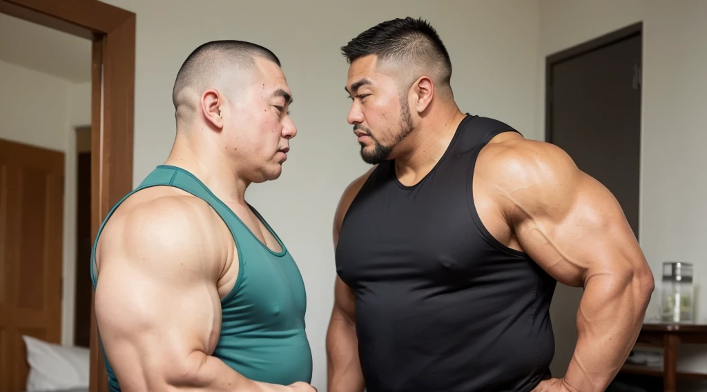 (facing each other:1.4), (wearing tank top:1.4), fat face, (inside bedroom:1.2), Japanese man, Chinese man, Korean man, Taiwanese man, manly face, (round face:1.4), (monolid eyes:1.2), (buzz cut:1.4), very large and strong body, bulging muscles, very large pectoral muscles, muscular arms, muscular abs, muscular legs, muscular back, brightens oily skin, master piece, realistic, panorama, distant view