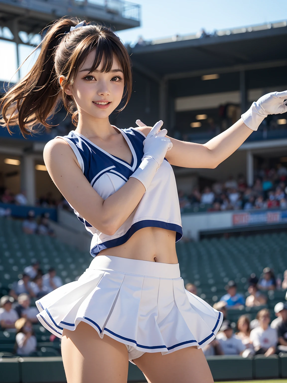 1girl, tiny body, dancing, small breasts, slim legs, cheerleader uniform, skirt, white cheer gloves, belly, tilt the head, arm open, from front, ((masterpiece)), ((extremely detailed face)), best-quality, hyperrealistic, high-resolution, intricate detail,(beautiful detailed eyes and lips), (best-shadow an extremely delicate and beautiful), beautiful white skin, smile, open mouth, ponytail brown hair, bangs, floating hair, good ray, cowboy shot, baseball stadium, spectator seats, sun light 