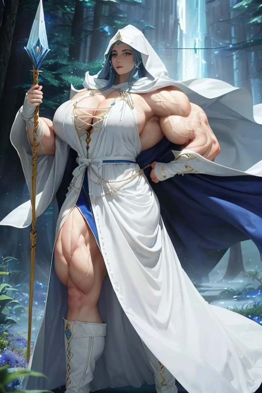 ((((Massive, tall, beautiful, buff, muscular pale white skinned woman mage with royal blue hair, ginormous bulky muscles, holding a sky mage staff and wearing a beautiful hooded white enchanted robe with long long skirt)))), (close-up view), vascular, massive muscle, massive biceps, hyper muscle shoulders, hyper muscle triceps, (long wavy curly hair), white eyes, (wearing a long extremely intricate robes, long magical robes), (white mage boots), smirk, white gauntlets, (in a windy sky forest), evening, Vascular arms, hyper vascular arm, hyper muscles arms, hyper muscle legs, massive arms.