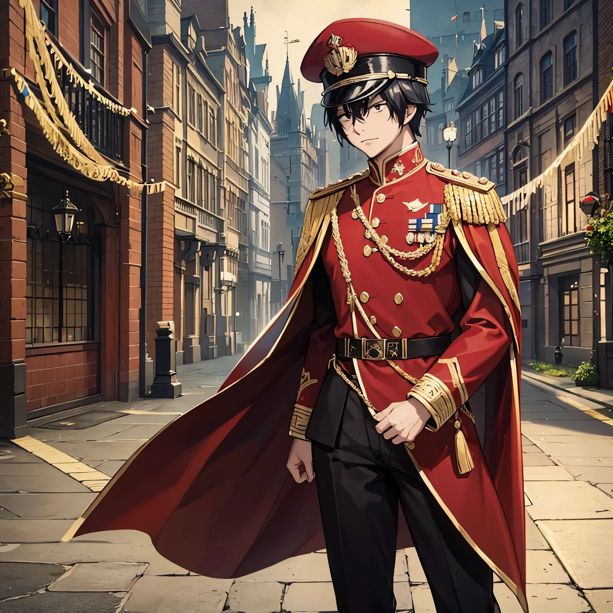 a man wearing traditional royal guard uniform, red uniform with gold details, black pants, traditional royal guard military hat, in the city of london,, ultra detailed, ultra resolution, masterpiece, 4k HD, HDR.
