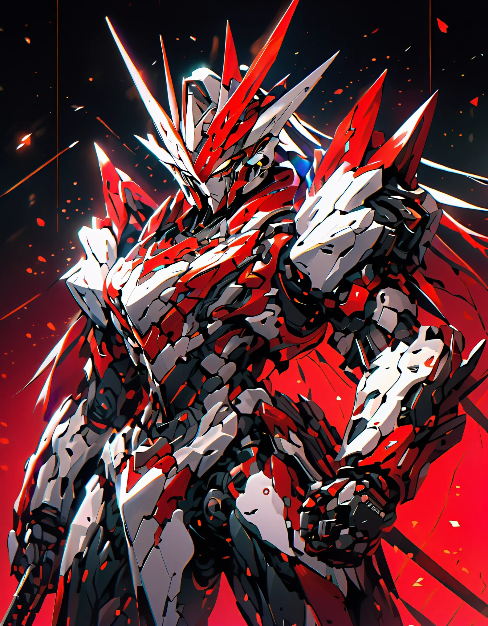 a close up of a person with a gun in a red and black background, omen from valorant, white and red armor, portrait of ninja slayer, badass anime 8 k, jett from valorant, profile picture 1024px, valorant style, anime mecha aesthetic, inspired by Ryūsei, valorant character swinging a sword in a fight (Dragon Guard  ARM, GLOVES), (white, red, BLACK), (MECHA CYBER  SHINY ARMORED SUIT, A PAIR MECHANICAL ARMOR:1.4), motion blur, ground destroyed, (black, white, red) 