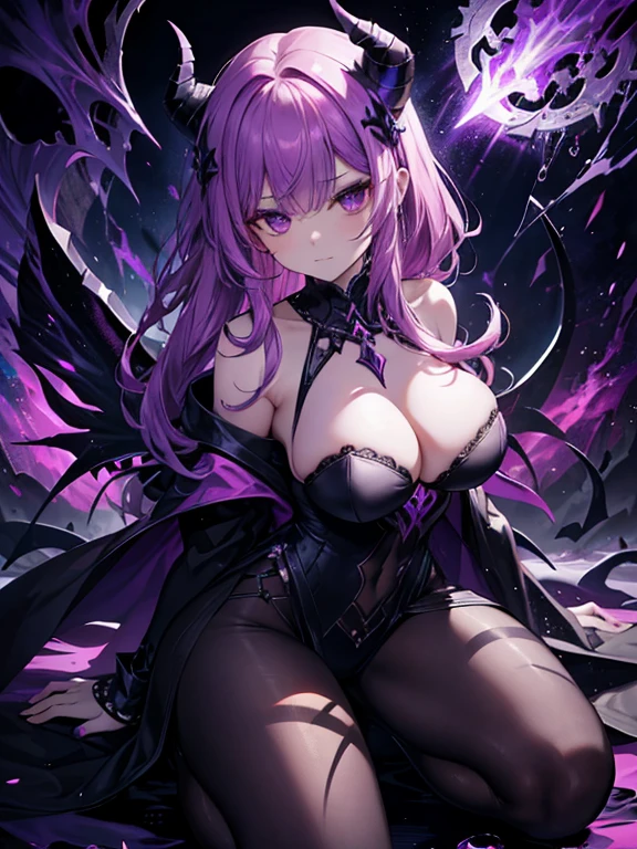 imagine Ina as a dark demon with purple skin and demonic horns. Her breasts are large and her figure is imposing, with an aura of immortal temptation enveloping her mind. Ina is kneeling in a weak and submissive attitude, calling on the force of chaos and destruction that surrounds her. The image is a high-quality masterpiece that shows Ina's beauty and power as a demon. The image is a mix of dark styles, with impressive details showing the quality of the artwork. The image shows Ina in a dark and magical environment, surrounded by pink and purple shadows and lights that accentuate her beauty and sensuality. Ina is the queen of chaos, the approaching storm, causing dark clouds in isolation. Born in flames, blessed with a shield representing a demon of death, Ina is the one chosen to bring darkness and destruction to the world. The image is a combination of dark thoughts and a powerful being emerging from the ashes, leaving misery behind and pursuing her destiny.