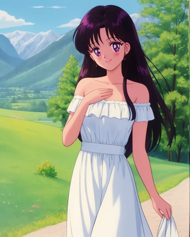1990s \(style\), masterpiece, best quality, highres, outdoors, small breasts, 1 girl, Solo, ReiHino, Purple Eyes, Beautiful Detail Eyes, Long Black Hair, Good hands are down, Smile, Blushing, Bare Neck, Bare Shoulders, strapless, White Ruffle Off-the-Shoulder Top, White maxi dress. Cowboy shot. A landscape of blue skies and high mountains, and green valley. In the center. Standing near a iron wall