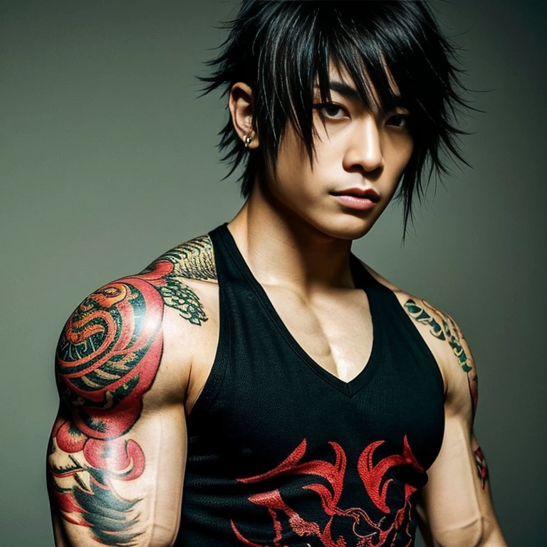 1 man, Japanese man, male, Asian eyes, muscular, broad shoulders, dragon tattoos, hairstyle Visual Kei style, hair Visual Kei, black men's shirt and black pants, ultra detailed face, hyperrealistic, realistic representation, long hair, long hair, 30 years old, age 30 years, blond, blonde hair