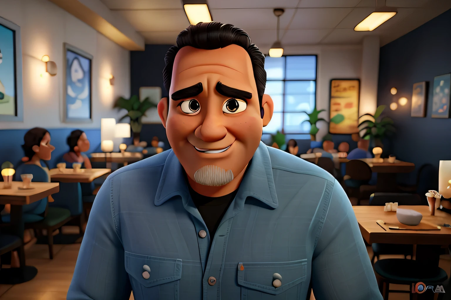 Poster no estilo Disney pixar, alta qualidade, melhor qualidade, homem sexy negro, 55 anos cabelo grisalho barba preta, musculoso, com fundo em um restaurante a luz de velas