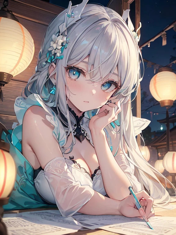 ((masterpiece:1.4, best quality)(Beautiful eyes with fine and meticulous details: 1.2), extremaly detailed cg，Gray hair and turquoise eyes，tide，darkly，nigth，paper lanterns ，Kizi，reef，Close-up，Lateral face，White panty hose