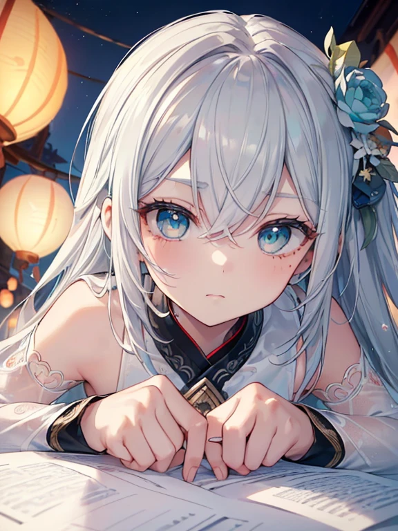 ((masterpiece:1.4, best quality)(Beautiful eyes with fine and meticulous details: 1.2), extremaly detailed cg，Gray hair and turquoise eyes，tide，darkly，nigth，paper lanterns ，Kizi，reef，Close-up，Lateral face，White panty hose