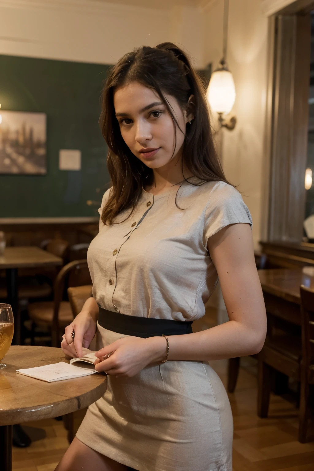 Fais moi une photo très réaliste d’une femme avec les cheveux blond au restaurant, dressed with a white top and a black skirt sitting on the terrace 