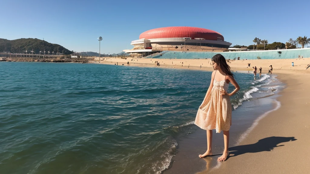 Chico adolescente cuerpo tonificado disfrutando el agua y el sol y la arena y el mar