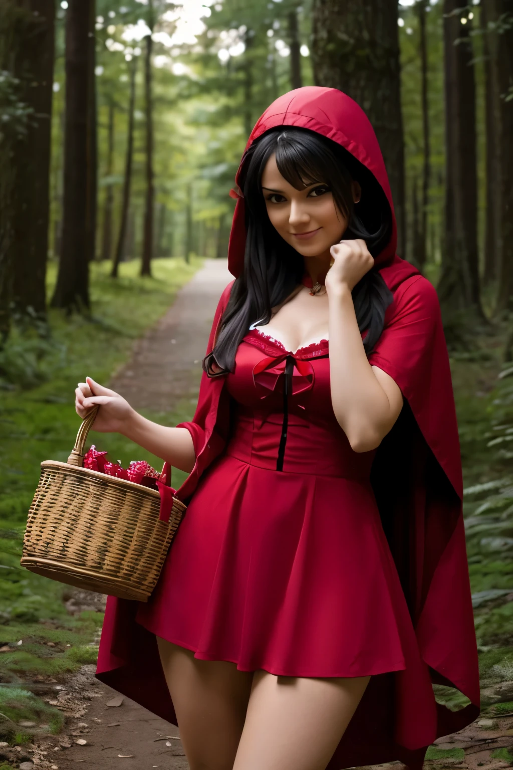 an adult red riding hood wearing a dress a a short dress holding a basket in the party forest in Pose sexy