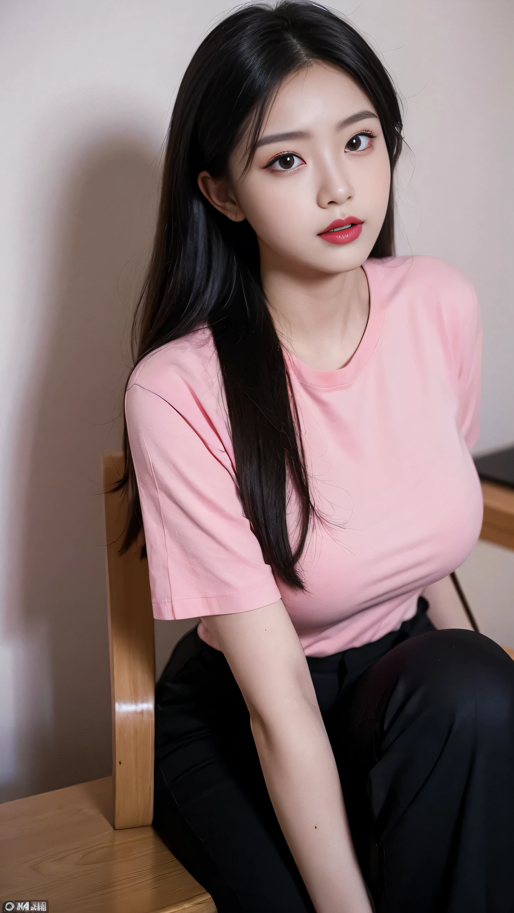 masterpiece:2.0,best quality, perfect face,Black medium hair,She wears a pink t-shirt,wearing black trousers,big breasts,pink lipstick,Mature