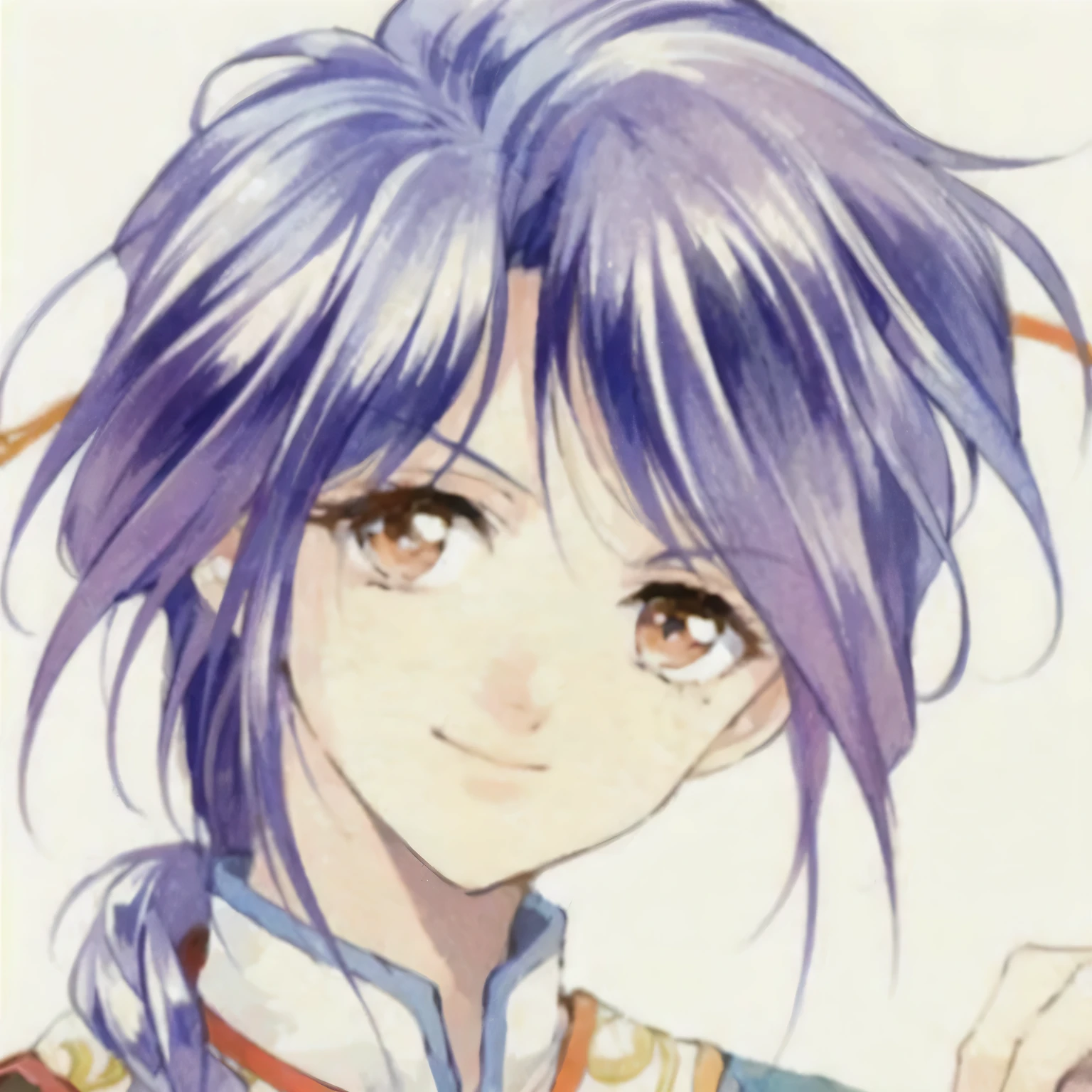 Generate an image portraying Nuriko, a beautiful androgynous character from the Fushigi Yuugi manga/anime series. He should have long, flowing purple hair styled femininely with ornamental hairpins. His facial features should appear delicate and bishonen-like with large expressive eyes. Depict him wearing an elegant kimono with floral designs, sitting gracefully in a traditional Japanese room setting with tatami mats and shoji screens. The overall aesthetic should evoke the idealized feminine beauty associated with crossdressing male characters from that era of manga.