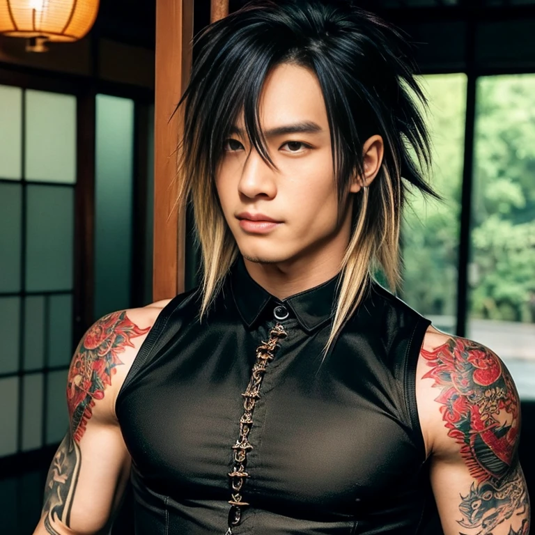 1 man, Japanese man, male, Asian eyes, muscular, broad shoulders, dragon tattoos, hairstyle Visual Kei style, hair Visual Kei, black men's shirt and black pants, ultra detailed face, hyperrealistic, realistic representation, long hair, long hair, 30 years old, age 30 years, blond, blonde hair