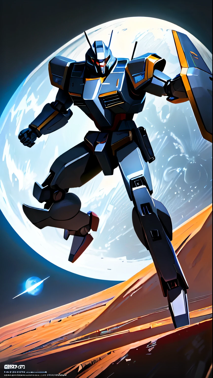 ((masterpiece)), (solo:1.4), a (((mecha))) with sleek and menacing design, glowing eyes, full body, highly detailed, high detailed background, battle, planet, hovering, a huge shield, shoulder armor, mechanical backpak ,science fiction, fighter plane flying over the earth in space with the moon in the background, concept art, space art,