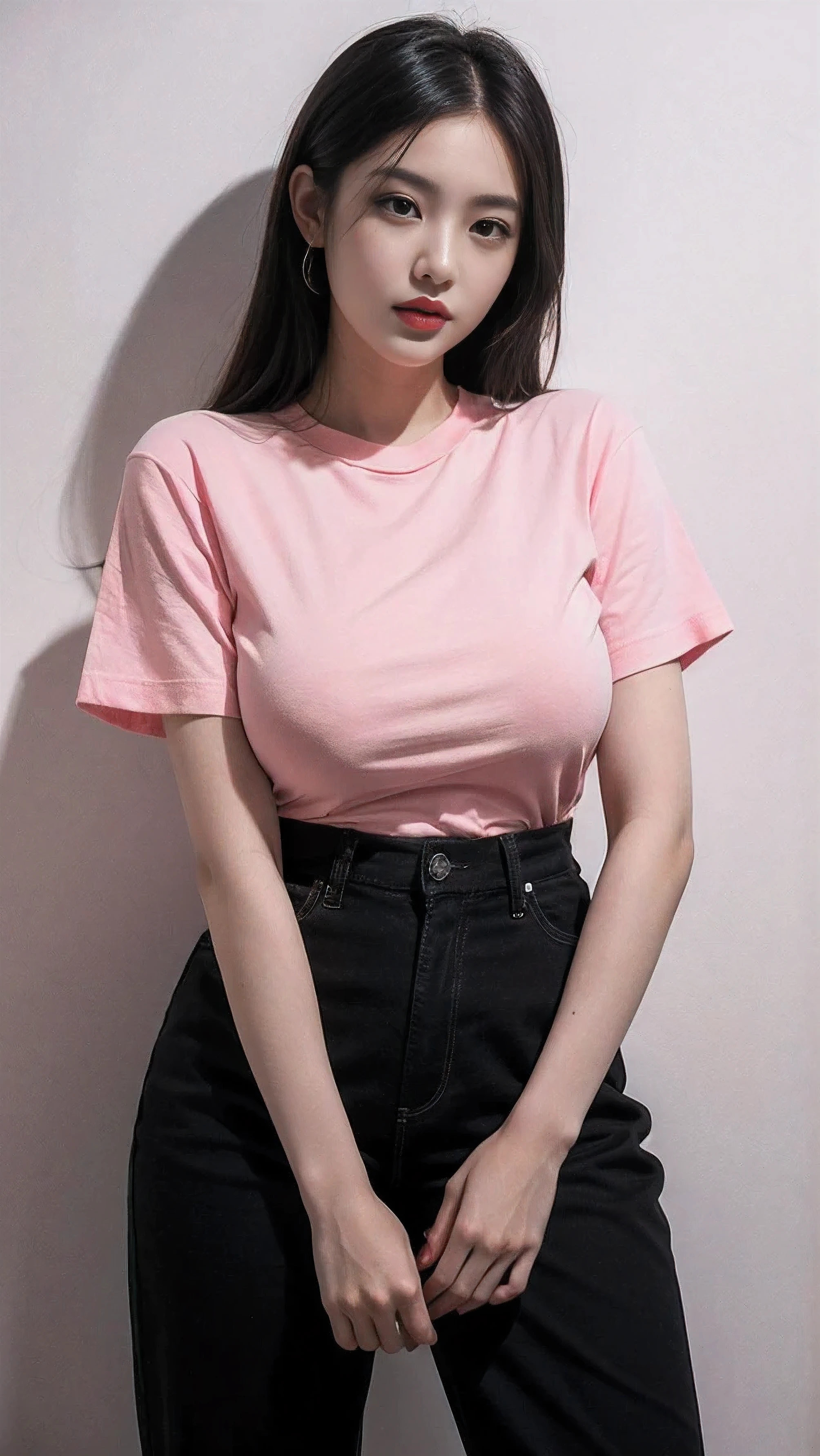 A woman in a pink shirt and black pants posing for a picture - SeaArt AI