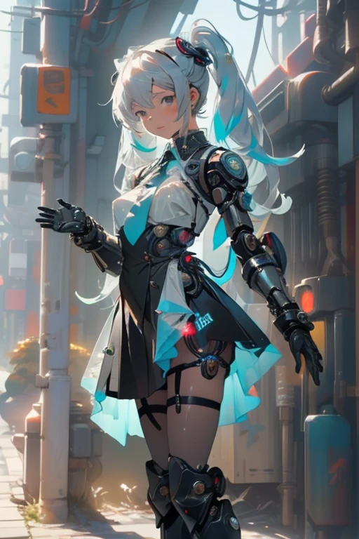 cyberpunk,Hatsune Miku,(see through:1.5),maid (1 girl),Colored inner hair,long twintails,(toy doll),((toy doll joints:1.5,Manipulator:1.5)),((silver armor dress)),White translucent metallic leather,(Mechanical joint: 1.4),mechanical limbs,very shiny skin,shining body,white plastic glitter skin,wet legs,only_Shoulder,Delicate metal decoration,sleeveless,mini skirt,boots,angle to floor:1.4,low camera angle,((bright colors)),(complicated background),(Delicate images),(Photorealistic: 1.4),(Highly detailed),(high resolution),(Best quality),(masterpiece)