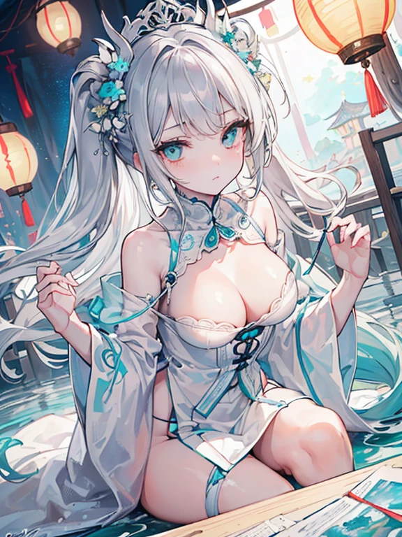 ((masterpiece:1.4, best quality)(Beautiful eyes with fine and meticulous details: 1.2), extremaly detailed cg，Gray hair and turquoise eyes，tide，darkly，nigth，paper lanterns ，Kizi，reef，Close-up，Lateral face，White panty hose