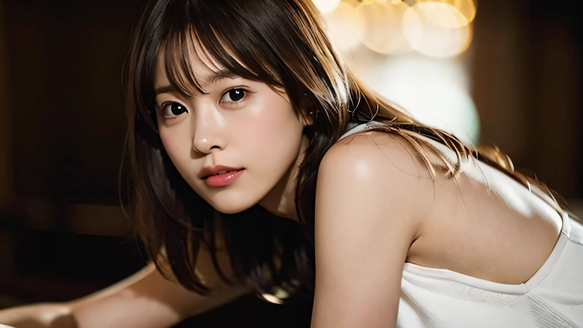 (8K、RAW photo、highest quality、masterpiece:1.2)、(realistic、Photoreal:1.37)、super detailed、超A high resolution、1 girl、see the beholder、beautiful and detailed face、laughter、narrow、(slim waist) :1.3)、shortcut、Beautiful and smooth skin、skin texture、floating hair、professional lighting、human body as a whole、brown hair、,perfect body,(Lie:1.3)