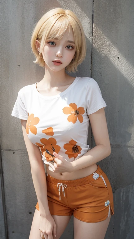 orange thin flower pattern T-shirt , medium breast , blonde hair , short hair
