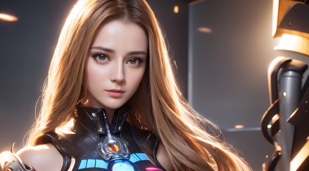 A close-up head and chest portrait of a pretty and cute woman, long hair, her chest adorned with pneumatic tubes that give her a unique and futuristic appearance. The highly detailed digital rendering captures every aspect of her beauty, from her delicate features to the intricate tubes.