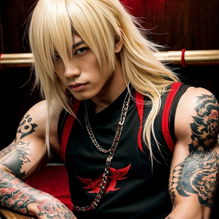 1 man, Japanese man, male, Asian eyes, muscular, broad shoulders, dragon tattoos, hairstyle Visual Kei style, hair Visual Kei, black men's shirt and black pants, ultra detailed face, hyperrealistic, realistic representation, long hair, long hair, 30 years old, age 30 years, blond, blonde hair