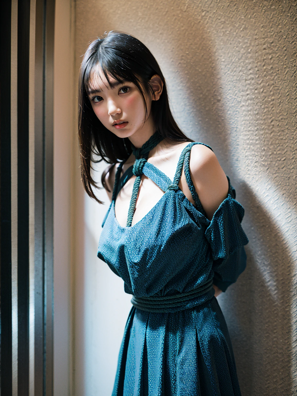 (41k4:1.15), (aika-sawaguchi:0.5), face, masterpiece, Best Quality, 8K, Raw photo, top-notch quality, masterpiece, (maid:1.4), (BDSM:1.5), (rope bondage:1.4), (tied up with rope:1.3), (wearing a maid uniform:1.5), (arms behind back), solo, (1 pretty Japanese girl), exceptionally detailed RAW color photo, professional-grade photograph, (Realistic, Photorealistic:1.37), (highly detailed skin:1.2), Ultra-high resolution, (lens 50mm), (masterpiece, top-quality:1.3), (hyper realistic:1.35), (Photorealistic:1.45), (Realistic:1.4), (looking at viewer:1.4), (facing viewer:1.4), 1 beautiful girl, 18 years old, Japanese idol, supermodel, pale skin, (slim:1.3), (slim body:1.25), (slender body:1.25), (narrow waist:1.25), pretty face, (large breasts:1.15), (deep cleavage), gravure idol